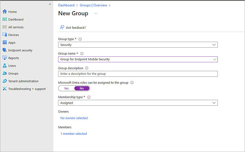Screenshot of Create New Group in Intune